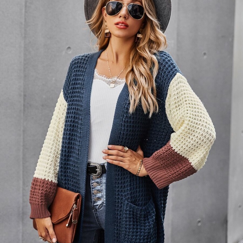 Color block chunky knit pocket open front cardigan - Picture 5 of 6